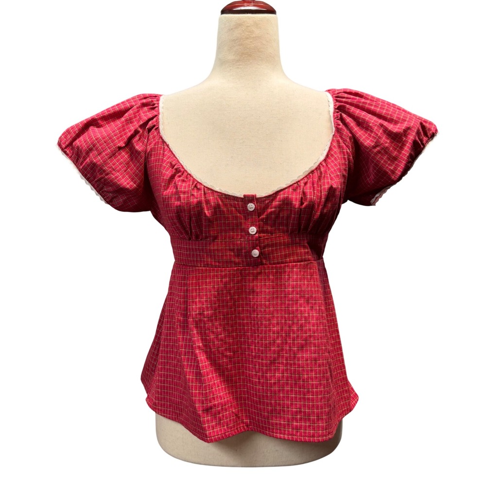 Red Plaid Babydoll Peplum Puff Sleeve Empire Waist Blouse *L Red Y2K Coquette